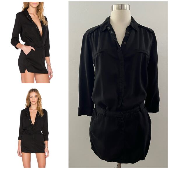 Etienne Marcel Military Utility Shirt Dress 3/4 Sleeve Mini Pockets Black Small - Picture 1 of 11